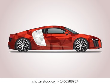 Red white sports car with polygonal pattern. R8.