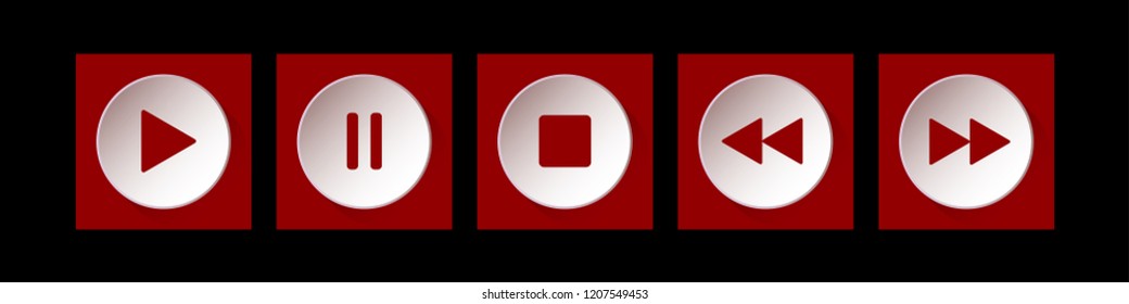 red, white square music control buttons set - five icons with shadows in front of a black background