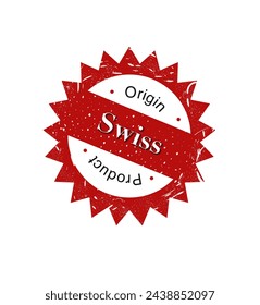 Red and white star shape Swiss label print with text Swiss Origin Product and paint splash. Illustration made March 17th, 2024, Zurich, Switzerland.