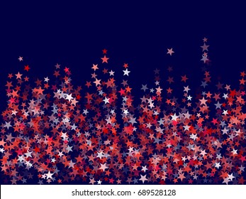 Red and white stars falling vector on dark blue background. Overlapping stardust confetti arranged in vertical lines. 4th of July Independence Day american pattern.