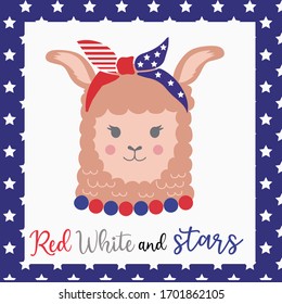 Red white and stars quote. 4th of july llama face with bandana vector ilustration.