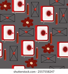 Red and White Stationery-Themed Seamless Background. Creative Pattern with Notebooks, Pens, and Floral Details