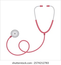 A red and white stethoscope with a white button on the top. The stethoscope is attached to a pink cord