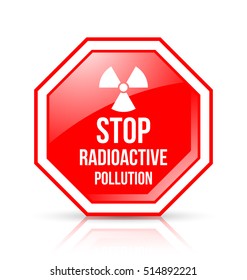 Red and white STOP RADIOACTIVE POLLUTION sign with nuclear symbol on background