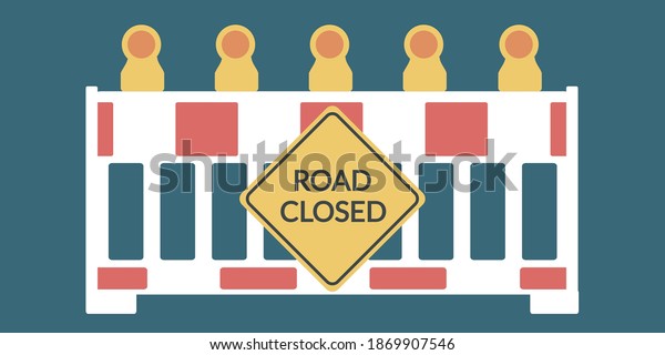 Red and white street barrier obstacle. stop\
coronavirus. yellow Road closed sign ahead flat design cover page.\
roadblock cartoon. traffic road vector. reflector graphic.\
roadworks or simple\
Barricad