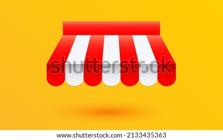 Red and white stripe awning for store or marketplace on yellow background. 