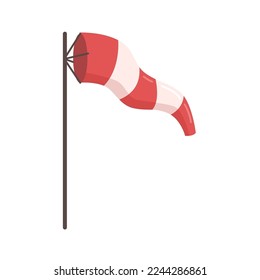 Red and white stripe wind cone on pole for airport runway ground wind force and speed indication. Vector flat design cartoon style illustration of warning blowing windsock, windy weather air sock