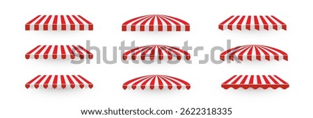 Red and white striped awning set. Collection of different shop canopies. Storefront sunshade elements for market stalls, cafes, outdoor shops. Realistic vector illustrations.