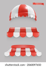 Red and white striped awning. Shop canopy. 3d realistic vector icon set