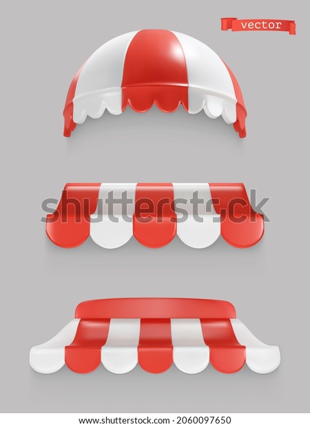 Red and white striped awning. Shop canopy. 3d\
realistic vector icon set