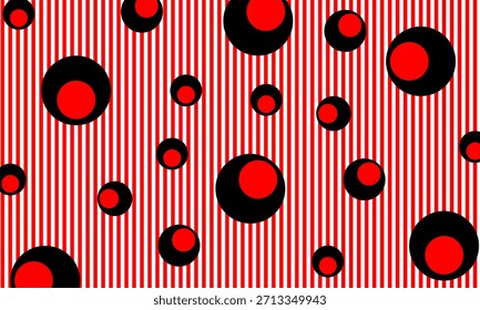 Un fondo de rayas rojas y blancas con círculos negros y puntos rojos. La Imagen crea un diseño moderno y abstracto