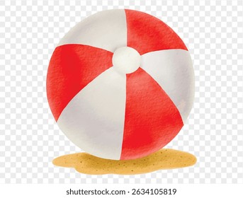 Red and white striped beach ball lying on sand, perfect for summer holiday and beach themed designs.vector
