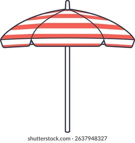 Red and white striped beach umbrella in vector style, ideal for summer and outdoor themes.