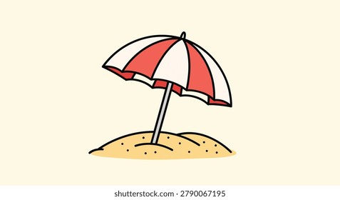 Red and white striped beach umbrella tilted in the sand under a sunny sky on a warm cream background.
