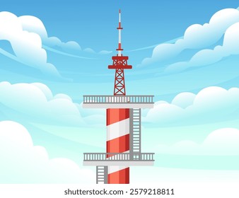 Red and white striped broadcasting pylon with large satellite dishes. Transmission tower for broadcasting signals. Communication antenna mast. High-standing structural tower. Vector illustration