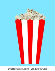 Red and white striped bucket of popcorn isolated on blue background , Corn snack cooked with butter, Fast food story vector graphic illustration