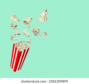 Red and white striped bucket and popcorn flying isolated on green background , Corn snack cooked with butter, Fast food story vector graphic illustration