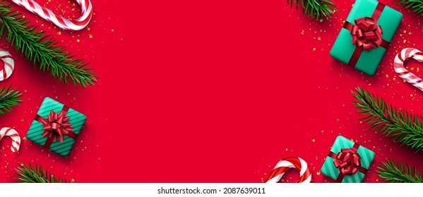 Red and white striped candy cane sticks with fir branches and gift boxes. Red background. Space for text. Vector illustration.