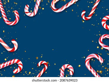 Red and white striped candy cane sticks frame on blue background. Space for text. Vector illustration.