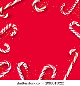 Red and white striped candy cane sticks frame on red background. Space for text. Vector illustration.