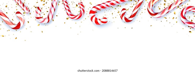 Red and white striped candy cane sticks frame on white background. Space for text. Vector illustration.