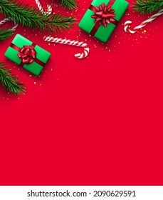 Red and white striped candy cane sticks with fir branches and gift boxes. Red background. Space for text. Vector illustration.