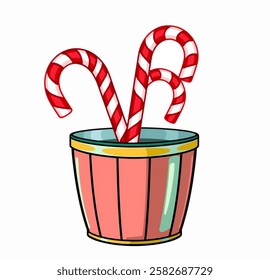 A red and white striped candy cane in a festive bucket. Ideal for holiday promotions, Christmas designs, and seasonal branding.