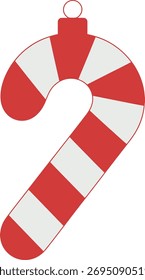 Red and white striped candy cane Christmas ornament icon, minimalist flat design, isolated on white background