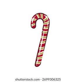 Red and white striped candy cane with green details and glossy shine. Cute cartoon doodle style festive sweet element for holiday cards, stickers, or decor, vector illustration.
