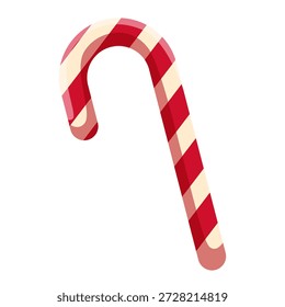 Bastón de caramelo a rayas rojo y blanco en estilo plano sobre fondo blanco limpio. Concepto de dulces de Navidades y golosinas navideñas. Ilustración vectorial