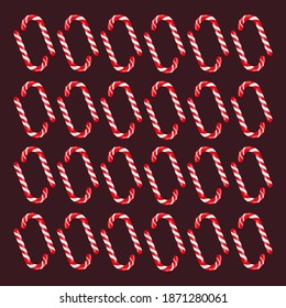 Red and white striped Candy Canes on a chocolate colored background vector illustration.