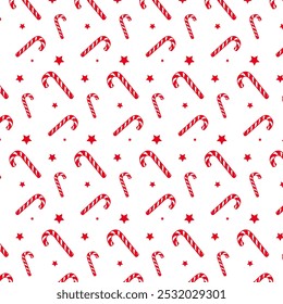 Bastones de caramelo a rayas rojas y blancas con ilustración de patrón de estrellas para Navidades y celebraciones de año Nuevo. Elemento De Diseño gráfico Para Las Decoraciones De Festiva, Papel De Envolver, Fondos de pantalla, Cartel De Temporada.