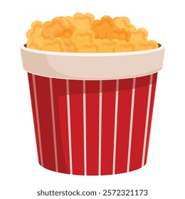 Red and white striped cardboard bucket full of popcorn standing on white background