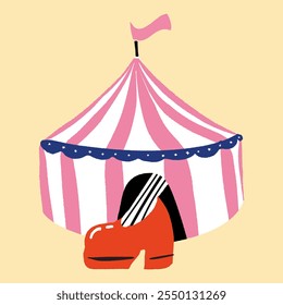 Red and white striped circus tent with playful foot in shoe at entrance evoking joyful fair atmosphere, vector minimalistic illustration