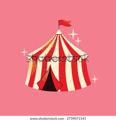 Red and White Striped Circus Tent Vector Illustration. Vintage Carnival Big Top with Flag and Sparkles, Whimsical Fairground Icon for Kids Birthday Party Invitation, Amusement Park Show Backdrop	