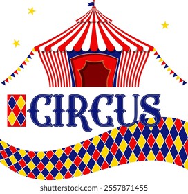 red and white striped circus, text, circus sign and associated seamless pattern with same color palette