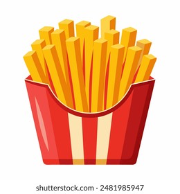 Red and white striped container of french fries on white background