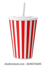 Red and white striped disposable soft drink cup. 3d realistic vector icon. Plastic or paper cup with straw in red and white stripes. Isolated on white background. Cup with closed lid for Soda, juice
