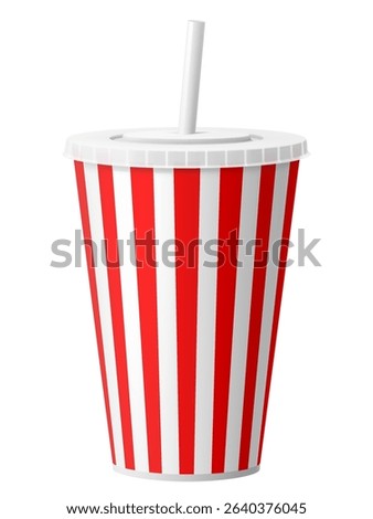 Red and white striped disposable soft drink cup. 3d realistic vector icon. Plastic or paper cup with straw in red and white stripes. Isolated on white background. Cup with closed lid for Soda, juice