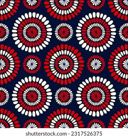 Red white striped dotted floral circles isolated on dark blue background. Seamless pattern. Vector simple flat graphic hand drawn illustration. Texture.