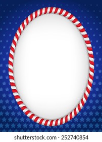 Red and white striped frame on blue star background. USA patriotic frame