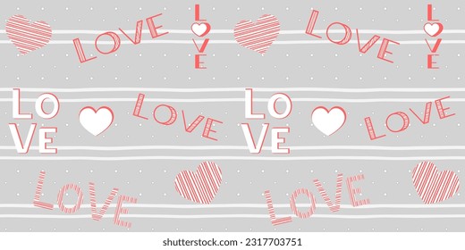 Red and white striped hearts and inscriptions love on a gray striped background. Valentine's day and wedding endless texture with words. Love concept. Vector seamless pattern for wrapping paper, print