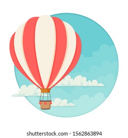Red and white striped hot air balloon with clouds and a blue sky the the background. Icon, poster, greeting card design template. Vector.