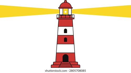 Red and white striped lighthouse emitting bright yellow searchlight beams, simple and clean colored vector illustration ,- in this format