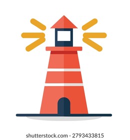 A red and white striped lighthouse illustration with orange light rays and a dark door on a white background.