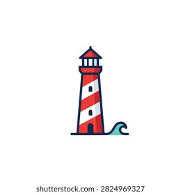 Red and white striped lighthouse with ocean wave. A flat design lighthouse with red and white diagonal stripes and a small turquoise wave at the base. Ideal for nautical themes or coastal navigation icons.