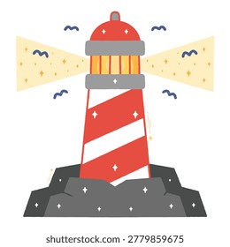 Red and white striped lighthouse on a rocky shore. Hand drawn.
