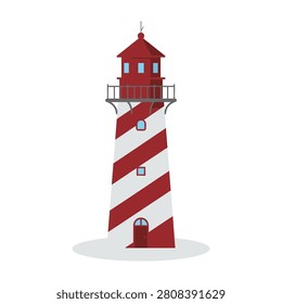A red and white striped lighthouse with a small balcony and light on top stands alone