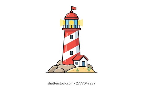 A red and white striped lighthouse standing tall
