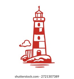 Ein rot-weiß gestreifter Leuchtturm steht auf einem felsigen Ufer mit einer kleinen Wolke in der Nähe.